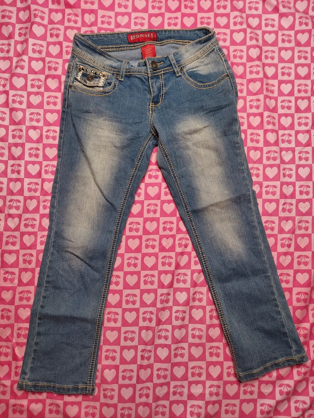 Red Rivet Blue Jean Capris